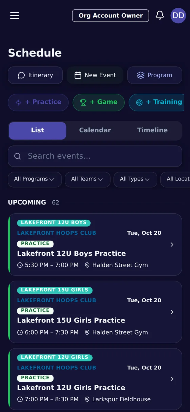 A club schedule in Team Boss with practices for every team