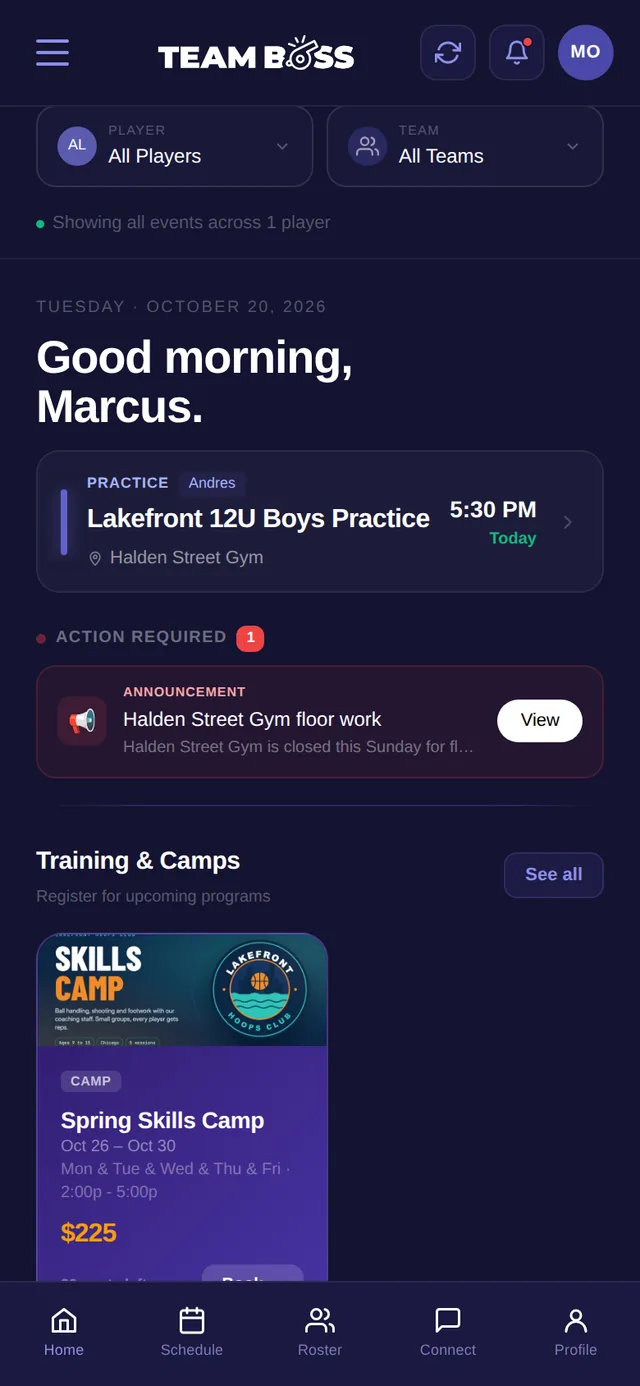 A parent's home screen with today's practice and an announcement