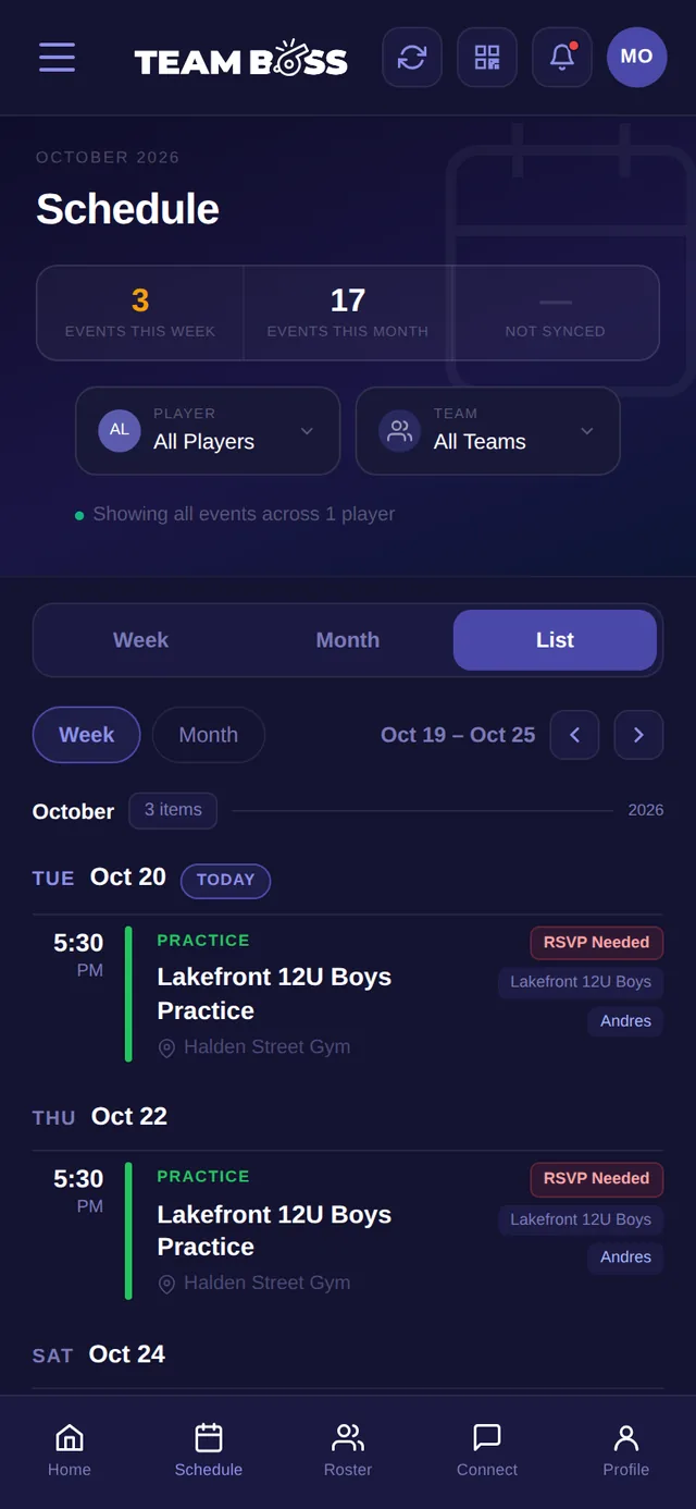 A parent's schedule with RSVP needed on practices