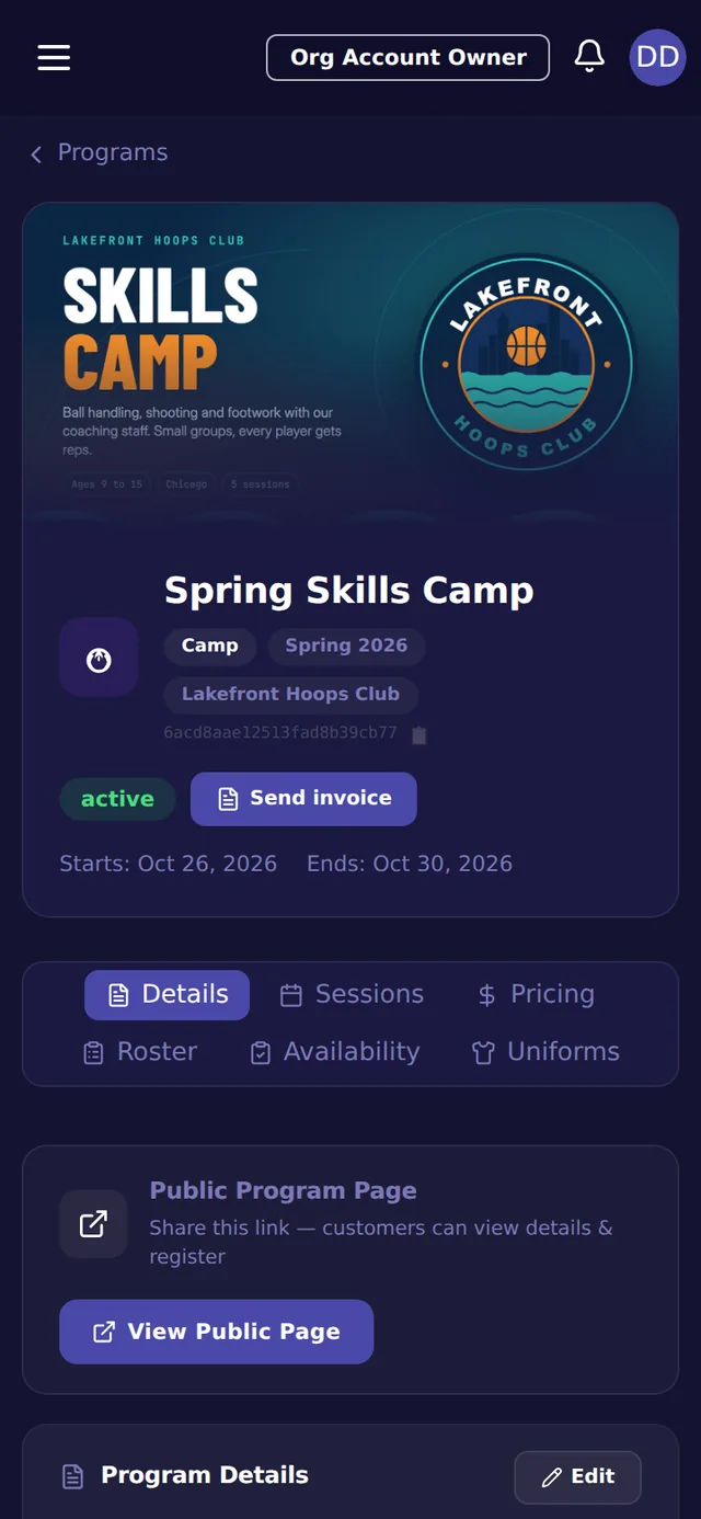 A camp's program page with roster, pricing and sessions