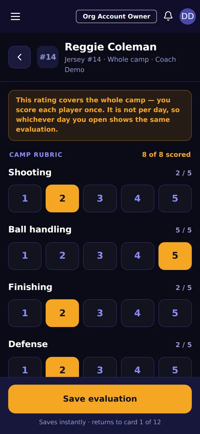 A coach scoring a player on the tryout rubric
